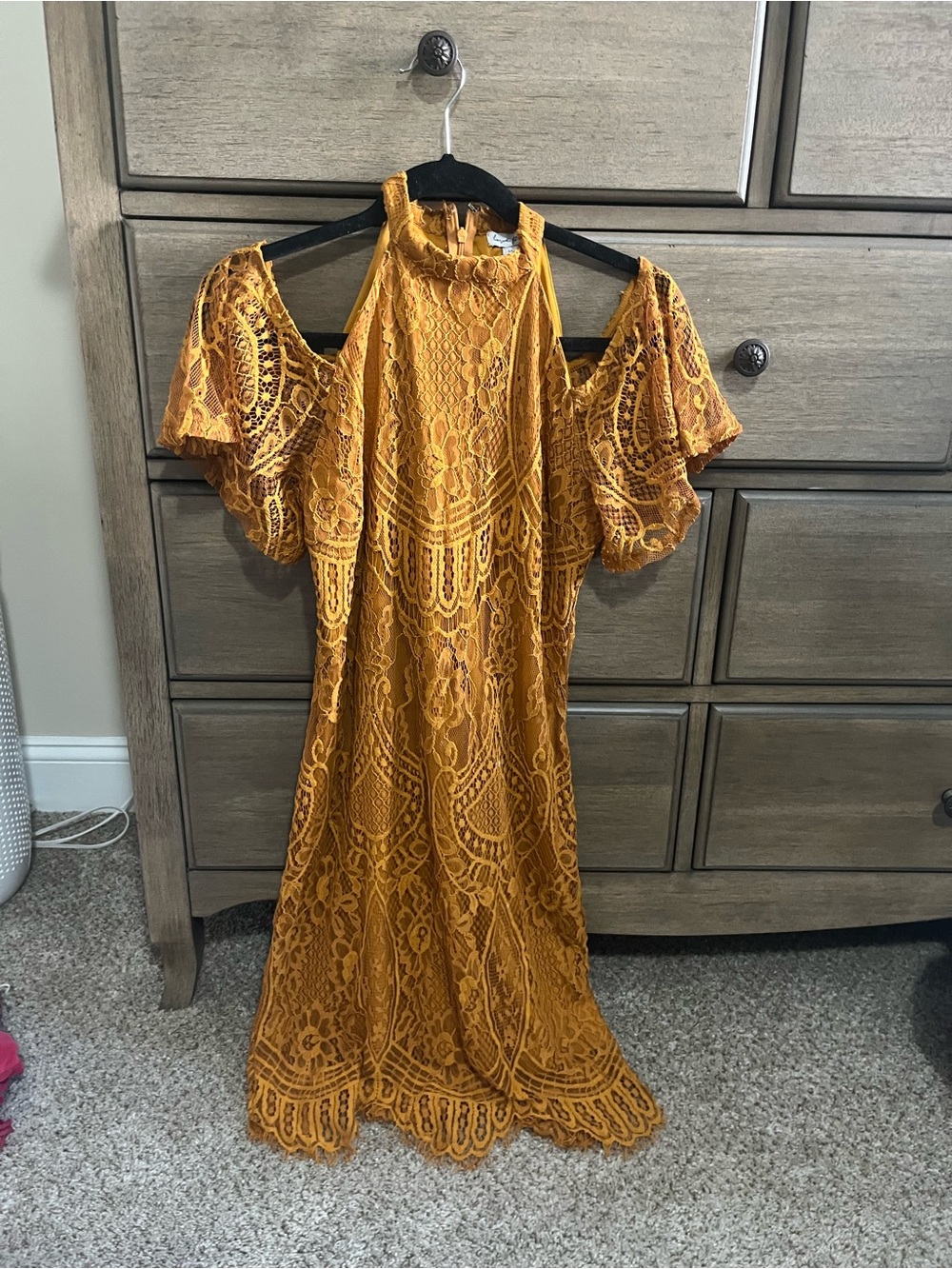 love, Fire Mustard Lace Cold-Shoulder Midi Dress